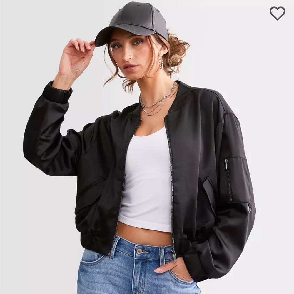 Women’s Stoosh black satin cropped bomber jacket size Large.
